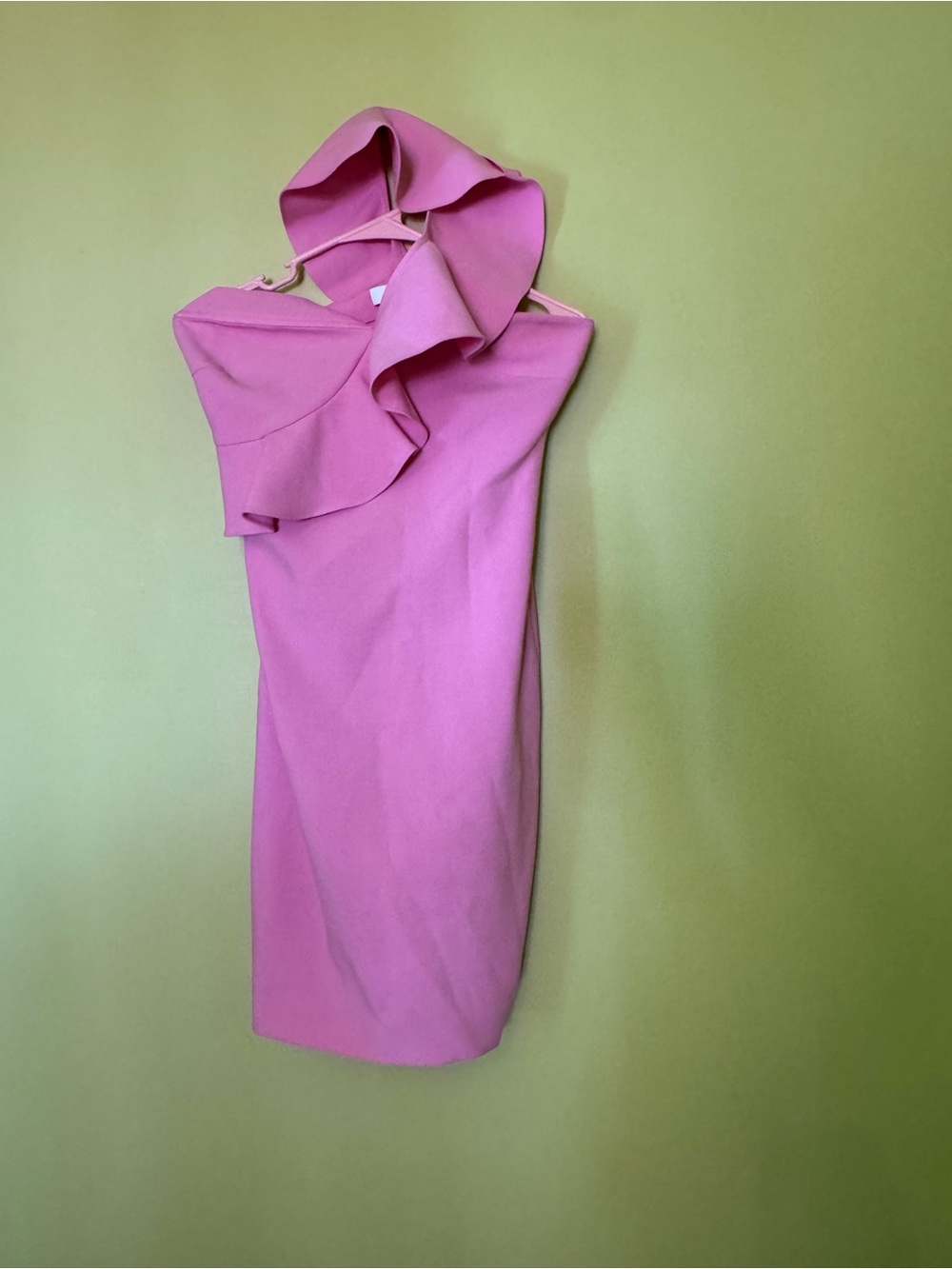 Likely pink mini dress with ruffle detail, size 8